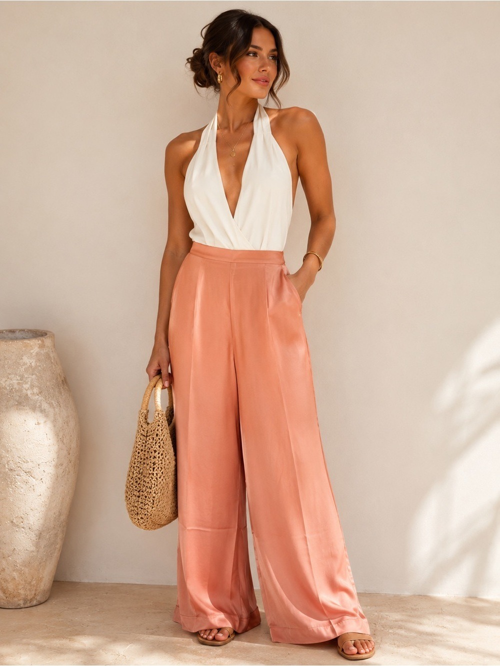 Andrea Iyamah Uchi Pants Powder Peach Satin Wide Leg XS